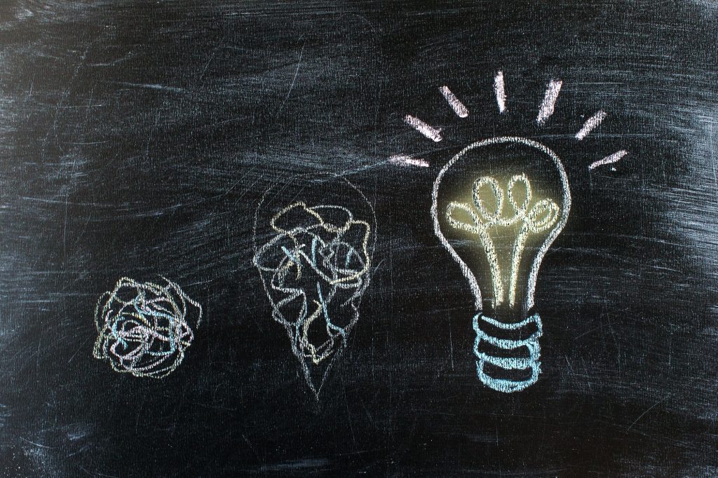 Chalkboard with Chalk Drawing of Hanging Light Bulb. Bright idea on blackboard concept. Way of